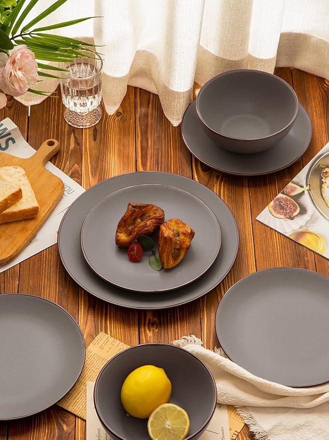 Famiware Venus Plates and Bowls Sets, 12 Pieces Stoneware Speckled Dinnerware Sets, Dishes Set for 4, Microwave and Dishwasher Safe, Matte Dark Grey