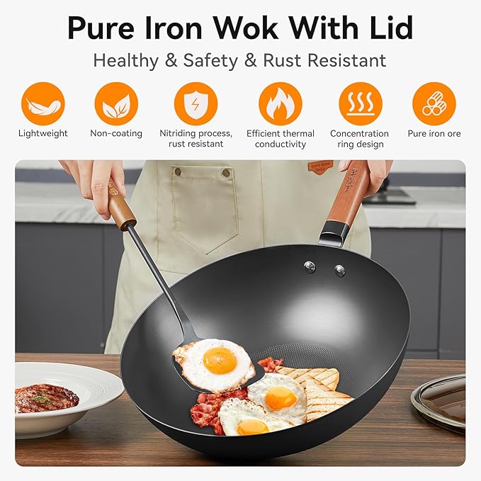 WANGYUANJI 12.6" Pure-Iron Wok with Glass Lid, Flat-Bottom Lightweight Chinese Stir-Fry Pan, Wooden Handle, Uncoated — Induction/Gas/Electric Compatible, Not Pre-Seasoned (Seasoning Required)