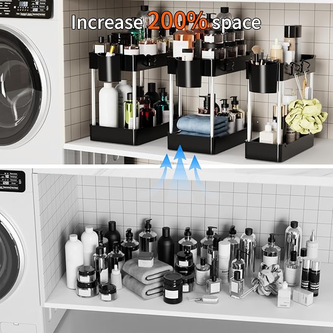 3 Pack Under Sink Organizers and Storage, 2 Tier Bathroom Cabinet Organizer Shelf with Hanging Cups for Kitchen & Bathroom (Black)