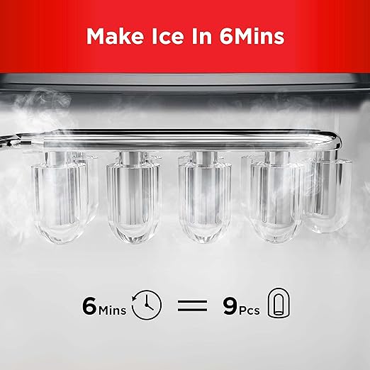 Silonn Ice Makers Countertop, Self-Cleaning Ice Machine 9 Cubes Ready in 6 Mins, 2 Sizes of Bullet Ice for Home Kitchen Office Bar Party, Red