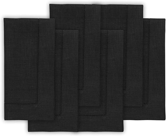 Solino Home Black Linen Napkins Set of 6-100% Pure Linen Hemstitch Dinner Napkins 20 x 20 Inch for Fall, Autumn, Winter, Thanksgiving, Christmas, Holiday - Classic Hemstitch