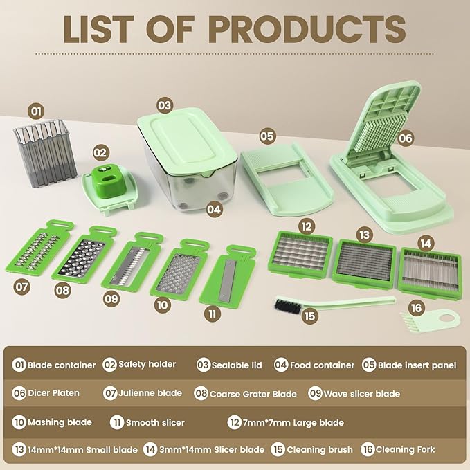 Vegetable Chopper with 8 Blades - Onion Chopper 16-in-1 with Container, Kitchen Vegetable Spiralizer Kitchen Gadgets - Home Essentials - Accessories