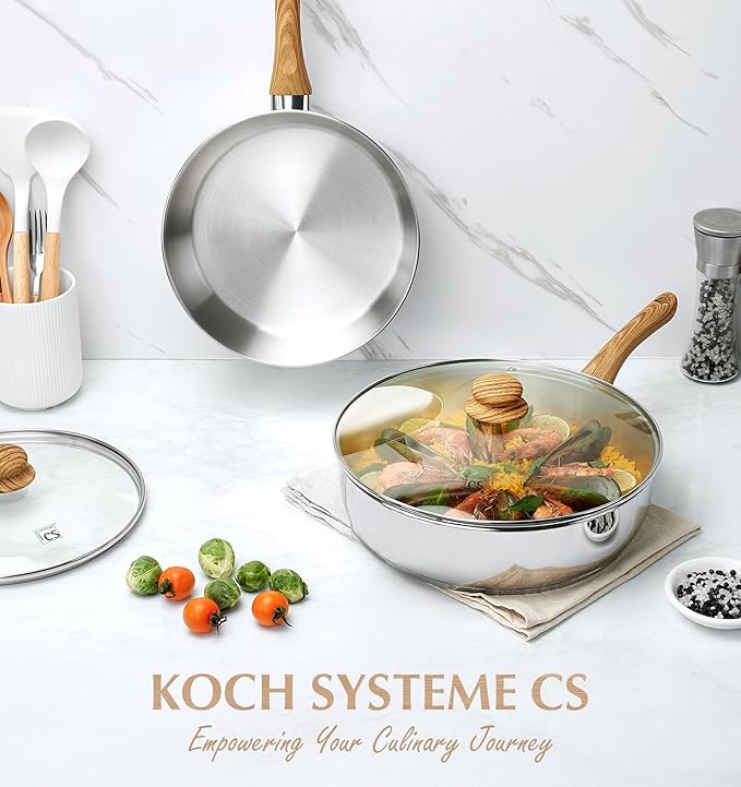 KOCH SYSTEME CS Saute Pan with Lid, 10 Inch Stainless Steel Saute Pan with Lid, Deep Frying Pan with Cool-Touch Bakelite Handle, Stylish Stainless Steel Pan, Deep Fry Pans 4 Quart, Induction Ready