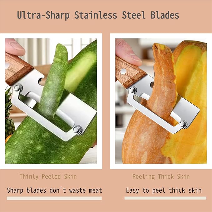Multi-Functional Vegetable Peeler for Kitchen, Stainless Steel Sharp Blades Carrot Potato Peeler with Wooden Handle and Bottle Opener Kitchen Tool for Fruit Veggie Pumpkin Papaya Zucchini (1 Pcs)