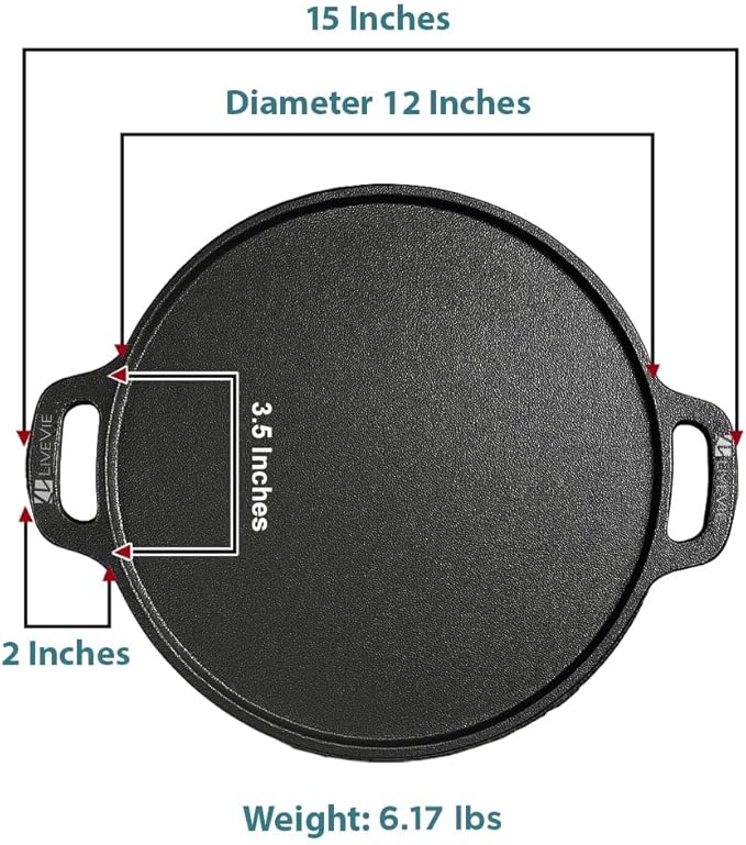 Cast Iron Griddle Pan (Tawa) 12-Inch with Dual Handles, Pre-Seasoned Flat Skillet for Flatbreads, Pancakes, Crepes, Eggs, Durable Cookware for Gas, Electric