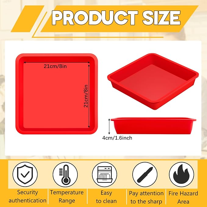 Geetery Set of 4 Silicone Square Cake Pan Silicone Brownie Pan Nonstick Baking Mold for Muffin Bread Rice Crispy Lasagna Pie, Red(8 x 8 x 1.6 Inches)