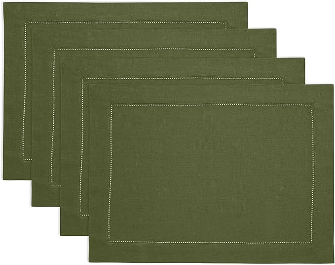 Solino Home Linen Cloth Placemats Set of 4-100% Pure Linen Hemstitch Olive Placemats 14 x 19 Inch - Classic Hemstitch Table Place Mats for Fall, Autumn, Thanksgiving, Christmas