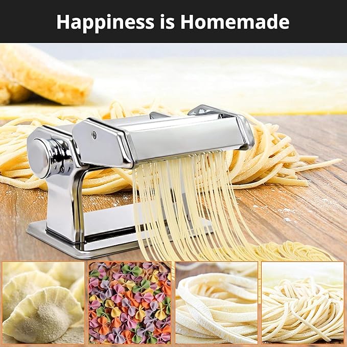 Pasta Maker, METLUCK Stainless Steel Pasta Machine Manual Roller Pasta Maker with 9 Thickness Settings for Spaghetti Linguine Fettuccine Lasagne, Includes Dough Cutter & Hand Crank
