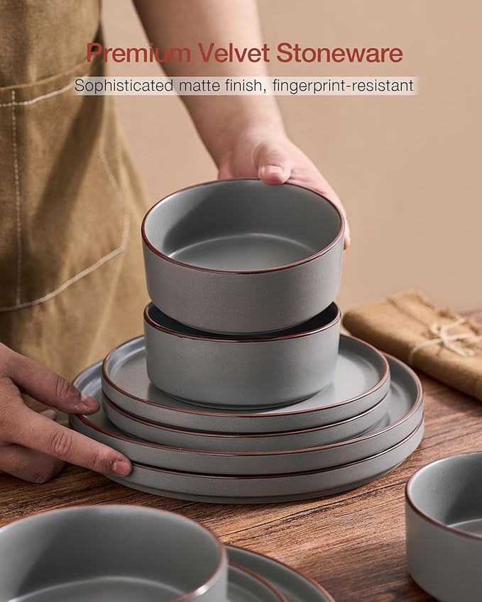 Famiware Nebula Ridge Stoneware Dinnerware Sets for 8, 24 Pieces Plates and Bowls Sets, Dishes Set, Microwave and Dishwasher Safe Kitchen Plates, Dark Gray