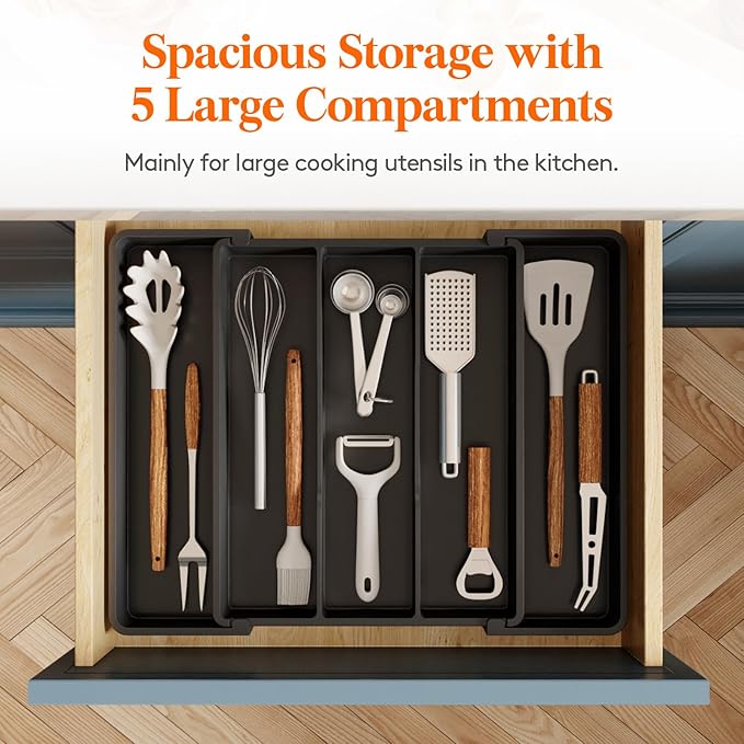 Lifewit Cooking Utensil Drawer Organizer, Expandable from 11 to 18 inches, Adjustable Cutlery Silverware Tray, Plastic Flatware Spatula Holder, Kitchen Tools Gadgets Storage Divider, Black