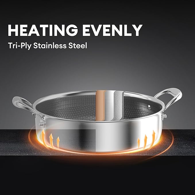 COOKER KING 5QT Stainless Steel Saute Pan with Lid, Hybrid Nonstick Deep Saute Pan, Chicken Fryer, Tri-Ply Clad Even Heat Distribution, Dishwasher-Friendly,Oven Safe to 500°F, Induction Compatible