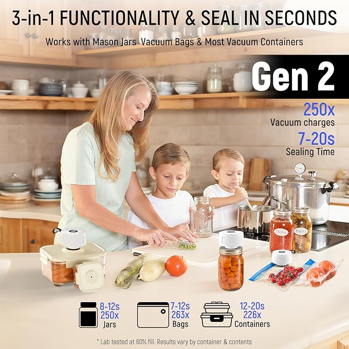 Mason Jar Vacuum Sealer Kit, 3-in-1 Auto-Stop Jar Sealer for Mason Jars, Bags & Food Containers, 1H Fast Charge, 4H Battery Life, Up to 250 Seals, Mason Jar Sealer in 7s, Easy One-Handed Operation