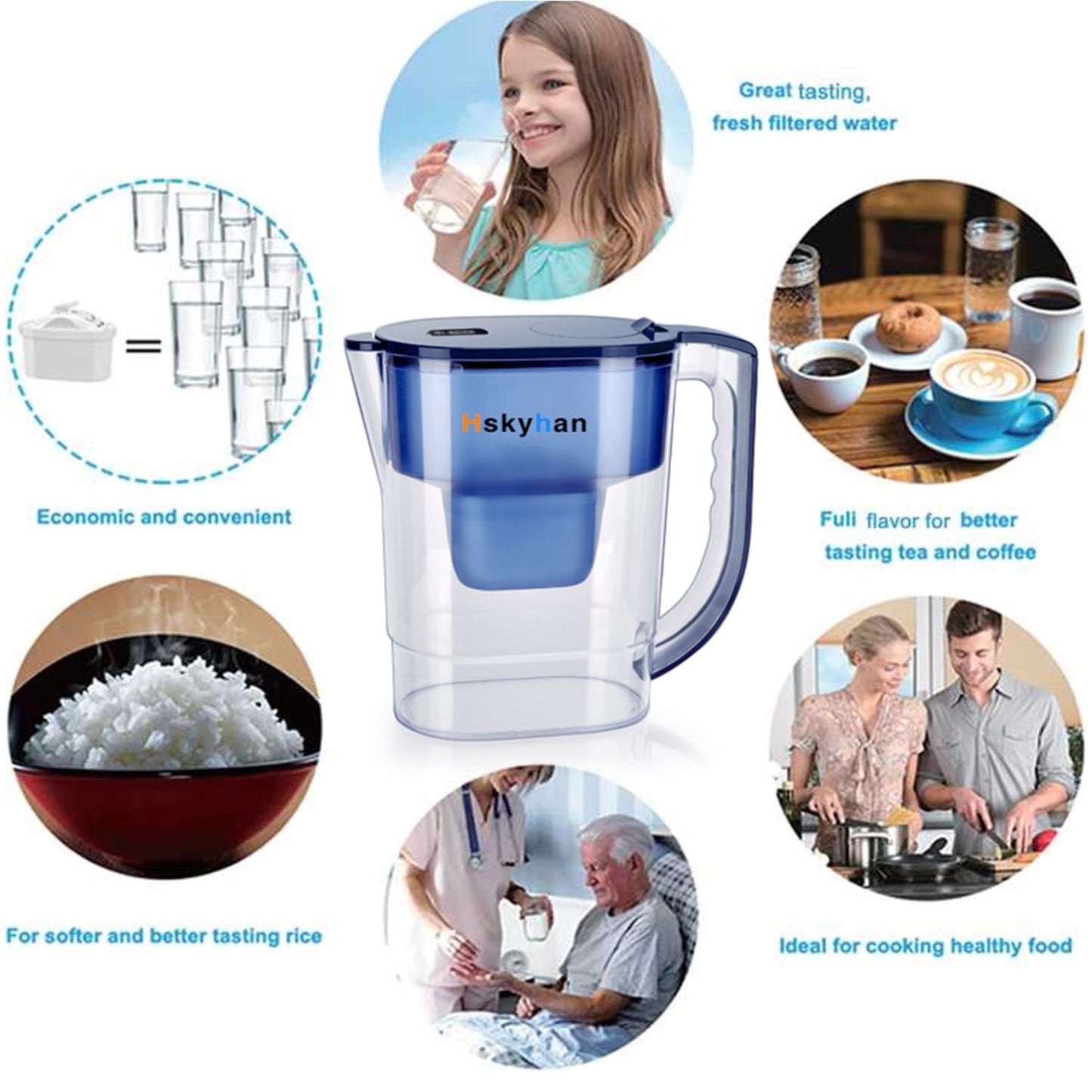 Hskyhan Alkaline Water Filter Pitcher - 3.8 Liters Improve PH, 2 Long Lasting Cartridge Included, BPA Free, 7 Stage Filtration System to Purify, Blue