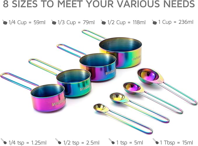 WELLSTAR Measuring Cups and Spoons Set of 8, Food Grade 18/8 Stainless Steel Measure set for Dry Liquid Measurement, Rainbow Titanium Coated Kitchen Gadgets for Cooking Baking, 4 Cup and 4 Spoon