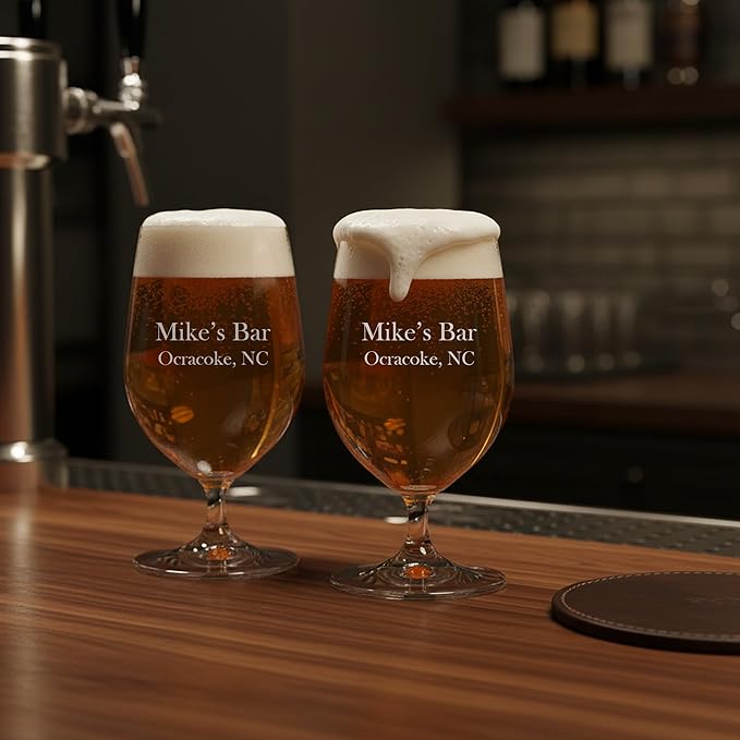 Riedel Personalized Bar Beer Glasses, Set of 2 Custom Engraved 17oz Crystal Beer Glasses with Stems for Craft Beer, IPA, Pilsner, Lager, Gifts for Beer Lovers