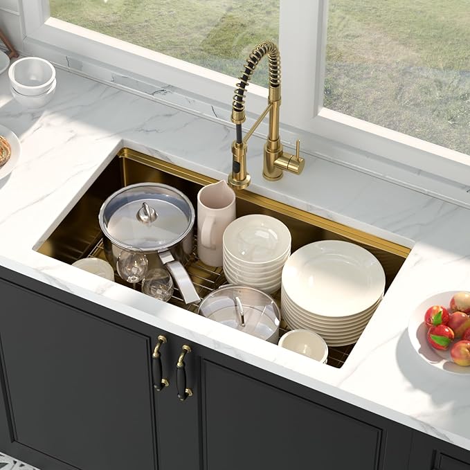 Mocoloo 33 Gold Kitchen Sink - 33 x 19 Inch Undermount Kitchen Sinks Ledge Workstation Gold Sink Single Bowl 16 Gauge Stainless Steel Under Counter Modern Sinks