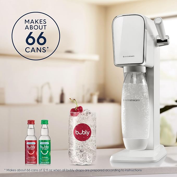 SodaStream - ART Sparkling Water Maker | VALUE BUNDLE | CQC CO2 system | Includes 2x CO2 Cylinders, 2x 32 Fl Oz Dishwasher Safe Bottles, 2x Bubly Flavor Drops | Combine with Pepsi Flavors | White