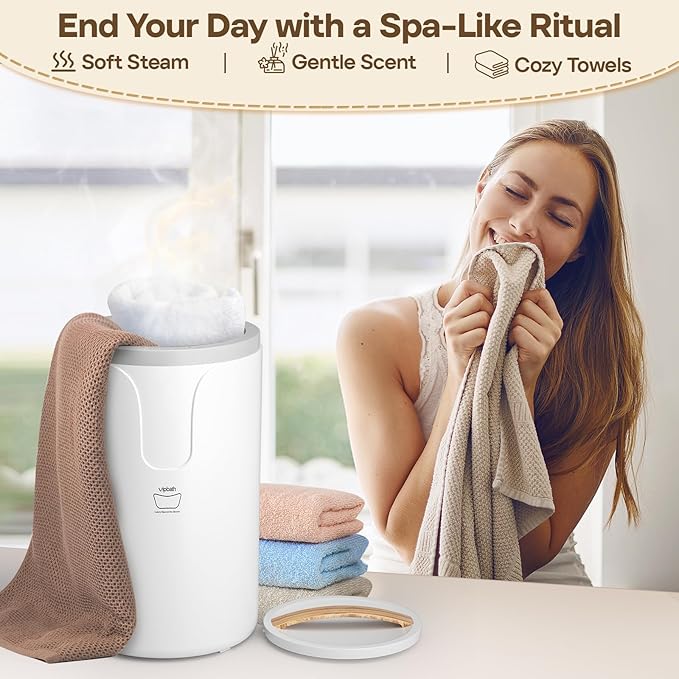 20L Towel Warmer Bucket, Dual Heat with 30/60/90 Min Presets, Stainless Steel Interior, Wood-Grain Handle, Holds 2 Towels or 1 Bathrobe, 3 Fragrance Discs, Spa Comfort for Home & Bathroom