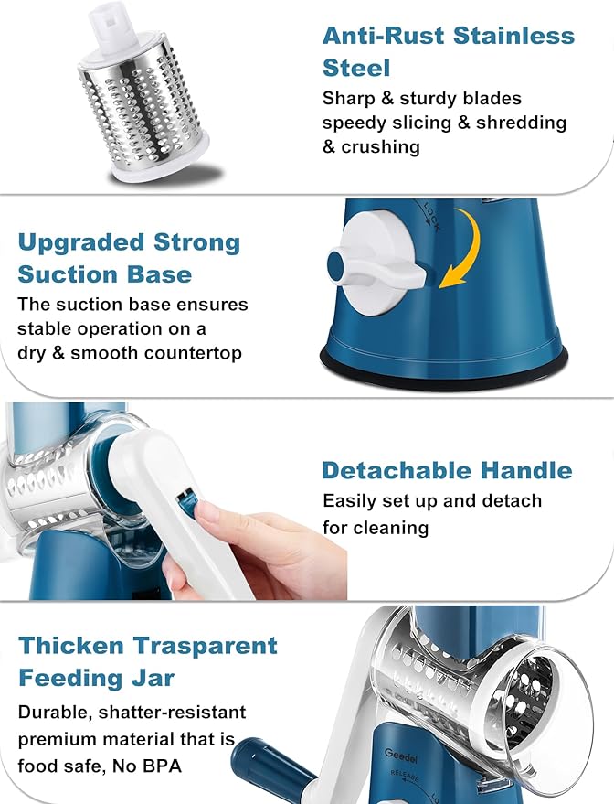 Geedel Rotary Cheese Grater Cheese Shredder - Upgraded 5-in-1 Cheese Grater with Handle and Strong Suction Base, Multi-purpose Vegetable Slicer Ice Shaver Nuts Grinder for Ice, Vegetables, Fruit, Nuts