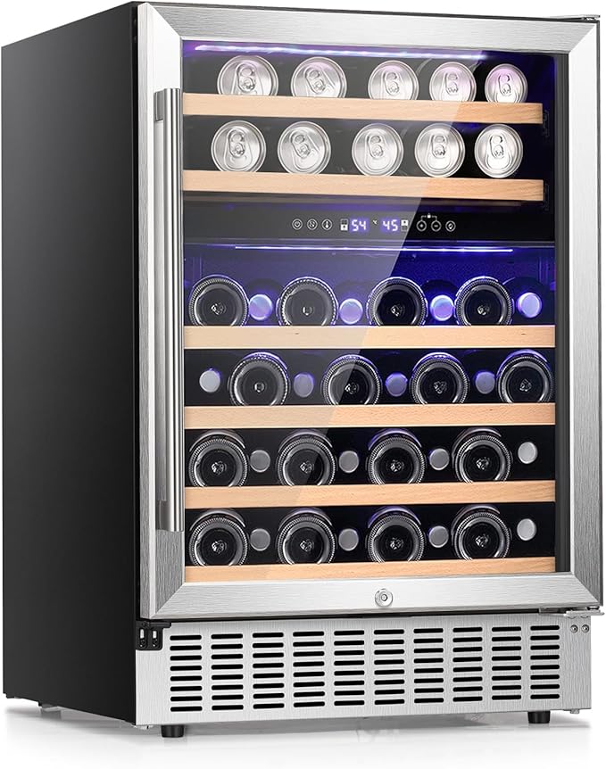 46 Bottle, 23.4 Inches Refrigerator Wine Fridge for Red White, Champagne, Beer, Temperature (41°F-68°F), Freestanding Built-in, Glass Door, 5.3 Cuft-Dual Zone, Silver