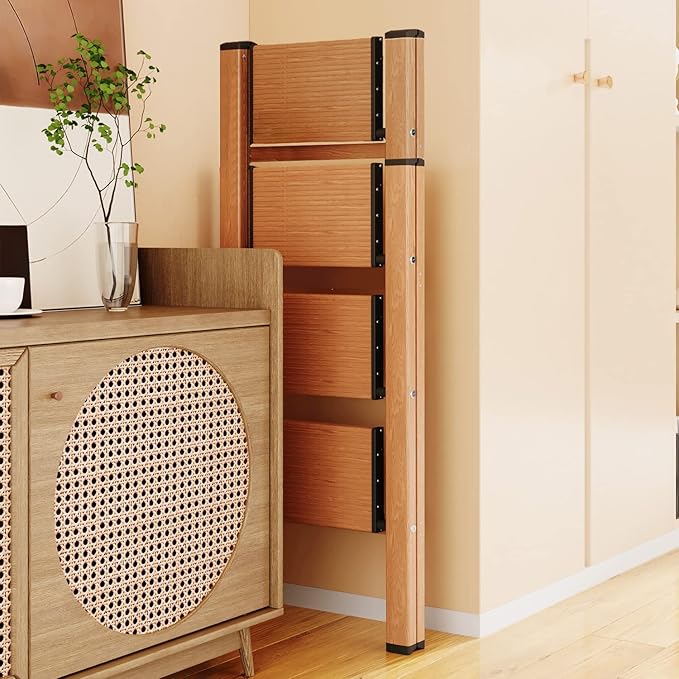 GameGem 4 Step Ladder, Aluminum Folding Step Stool with Anti-Slip Sturdy and Wide Pedal, Lightweight Portable Stepladder for Home and Kitchen Use, Woodgrain, 330 lbs