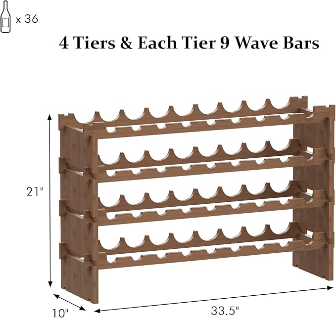 Bambloom Wine Rack Freestanding Floor, Wooden Stackable Bottle Storage Rack for Kitchen,Cellar. 36 Bottles Wine Holder Display Shelves for Champagne(Walnut)