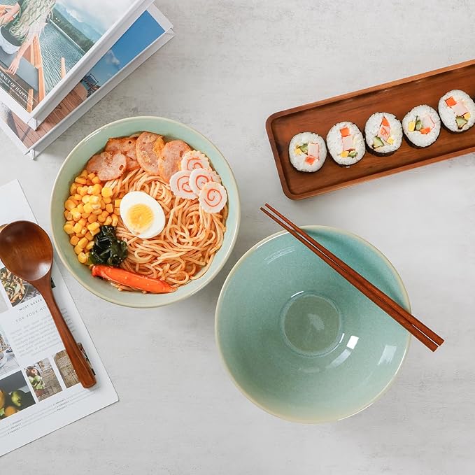 NUTRIUPS Set of 2 Ceramic Ramen Bowls with Spoons & Chopsticks, 40oz Large Soup Bowls for Udon, Miso, Noodles (Mossy Glaze)