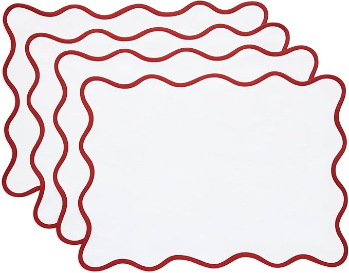 Solino Home Scallop Cloth Placemats Set of 4-100% Pure Linen Christmas White Placemats 14 x 19 Inch - Giselle Scallop Edge, Handcrafted and Machine Washable