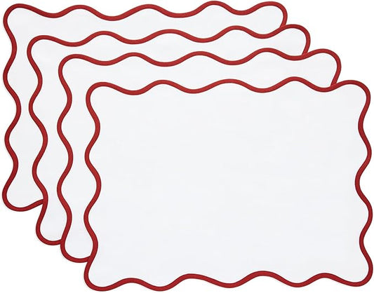 Solino Home Scallop Cloth Placemats Set of 4-100% Pure Linen Christmas White Placemats 14 x 19 Inch - Giselle Scallop Edge, Handcrafted and Machine Washable