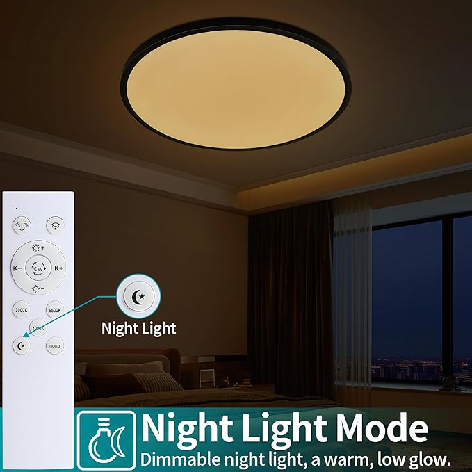24 Inch Flush Mount Ceiling Light Fixture Dimmable with Remote Control, 56W, 5600 Lumen, Modern, Round, Black, for Kitchen, Dining Room, Bedroom, Living Room, Home Office