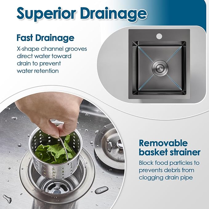 ROVOGO 15x17x8 in. Drop in Kitchen Sink Single Bowl, Black Prep Sink 304 Stainless Steel, 1-Hole Small Secondary Entertainment Wet Bar Sinks