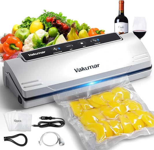 Upgraded Vacuum Sealer Machine for Food, 8 in 1 Food Sealer Vacuum Sealer with Powerful Suction, Dry & Moist Modes, Sous Vide Compatible, Included Car Charger(In-vehicle use)