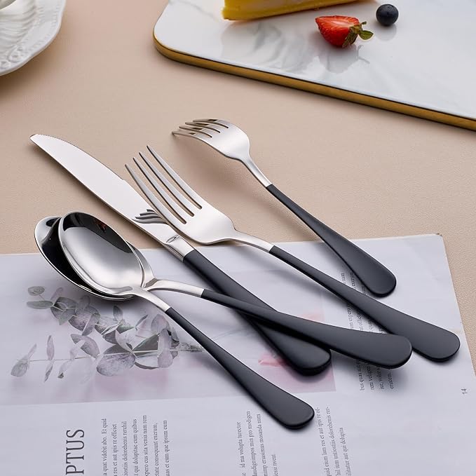 20-Piece Black Silverware Set for 4, 18/0 Stainless Steel Flatware Cutlery Utensils Set, Include Dinner Knives,Dinner Forks,Dinner Spoons,Salad Forks,Teaspoons, Elegant Gift，Dishwasher Safe