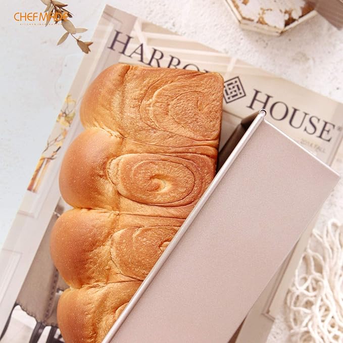 CHEFMADE Mini Pullman Loaf Pan with Lid, 0.66Lb Dough Capacity Non-Stick Rectangle Flat Toast Box for Oven Baking 2.8" x 8.1"x 2.8"(Champagne Gold)