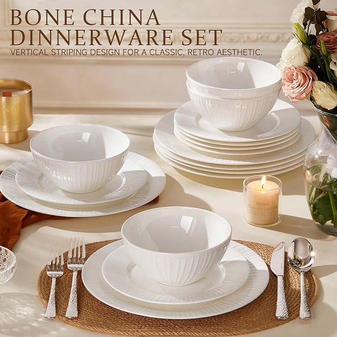KINGSTONE 24-Piece Bone China Dinnerware Set with 40-Piece flatware, White Lightweight Porcelain Service for 8, for Family Dining, Restaurants, Gifting，Microwave and Dishwasher Safe