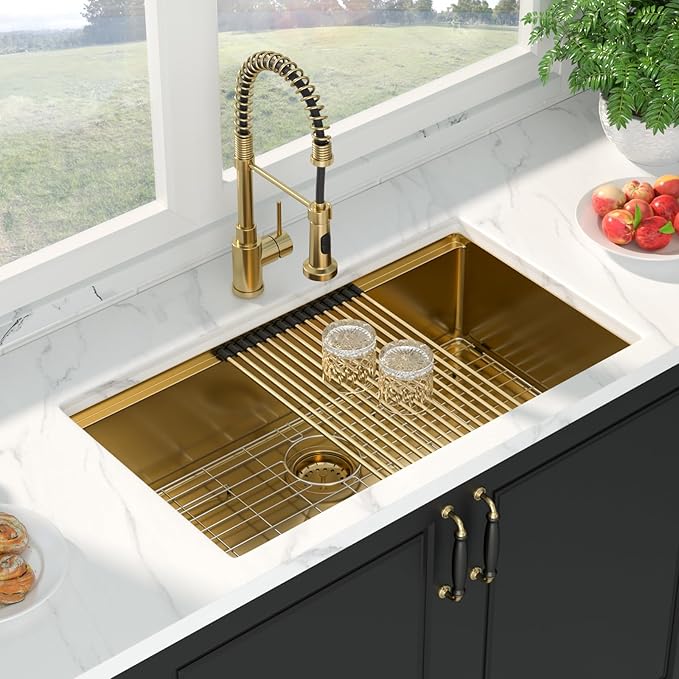 Mocoloo 33 Gold Kitchen Sink - 33 x 19 Inch Undermount Kitchen Sinks Ledge Workstation Gold Sink Single Bowl 16 Gauge Stainless Steel Under Counter Modern Sinks