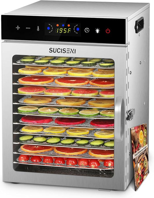 SUCICENI Food Dehydrator Machine 12 Stainless Steel Trays 1000W Meat Dehydrator for Home Use, 24H Timer & 195℉ Temperature Control Food Dryer for Jerky Fruit Herbs Mushroom Dog Treats