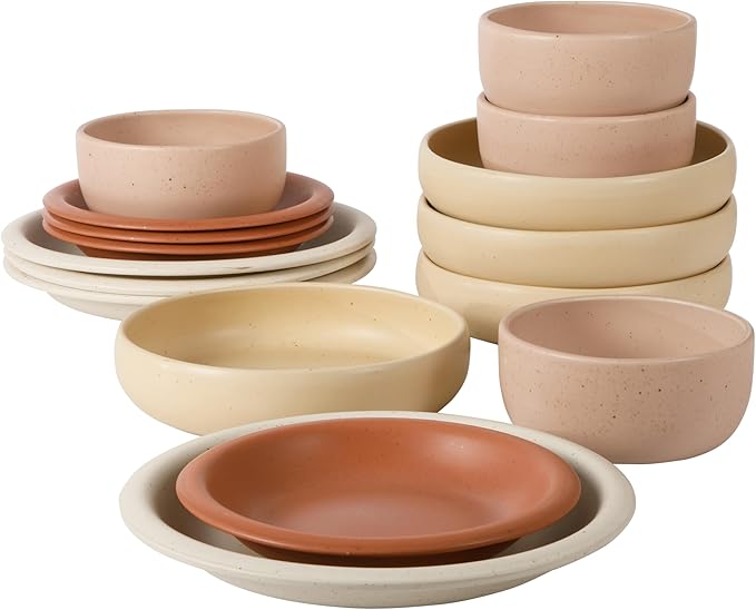 Bloomhouse - Two Time Oprah's Favorite Things Winner - Corsica Clay 16 Piece Stoneware Rustic Reactive Glaze Dinnerware Set - Stackable Plates and Bowls Set. Service for 4 - Matte Assorted Colors