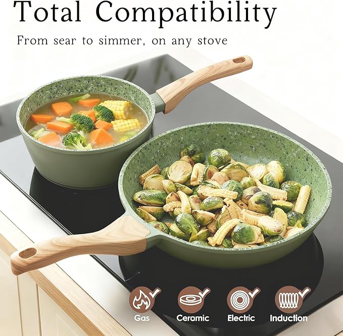 2-Piece Nonstick Cookware Set, 10.25 Inch Frying Pan & 1.43QT Saucepan with Lid | PFAS & PFOA Free Non-Toxic Coating | Induction Compatible, Dishwasher Safe | Pots and Pans Set for Beginner Kitchen