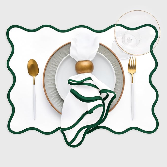 Solino Home Scallop Placemats Set of 4-100% Pure Linen Christmas Green and White Placemats 14 x 19 Inch - Giselle Scallop Edge, Handcrafted and Machine Washable