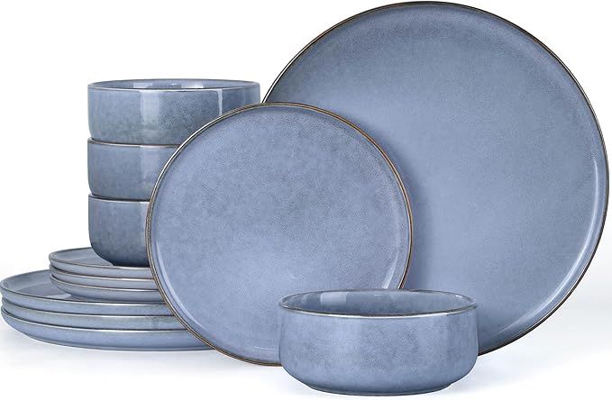 Herogo 12 Pieces Stoneware Dinnerware Set Service for 4, Dinner Plates and Bowls Sets, Double Reactive Glaze Dishes Set for Kitchen, Scratch Resistant, Microwave & Dishwasher Safe, Haze Blue