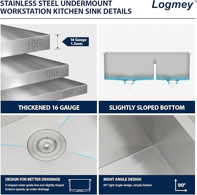 Logmey 33 Inch Double Bowl Undermount Kitchen Sink - 33x19 Workstations Low Divide 60/40 Kitchen Sink 16 Gauge Stainless Steel Sinks 33x19x9 Inches 60 40