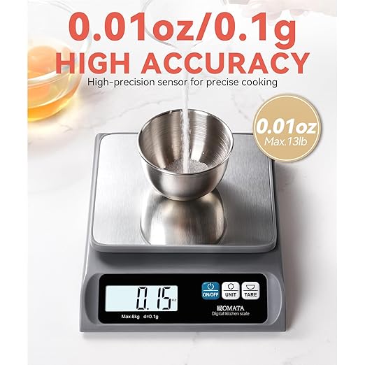 BOMATA 0.1g/ 13lb Food Scale, Digital Kitchen Scale with Removable Stainless Steel Pan, Backlit LCD Display, for Cooking, Baking B621 Grey