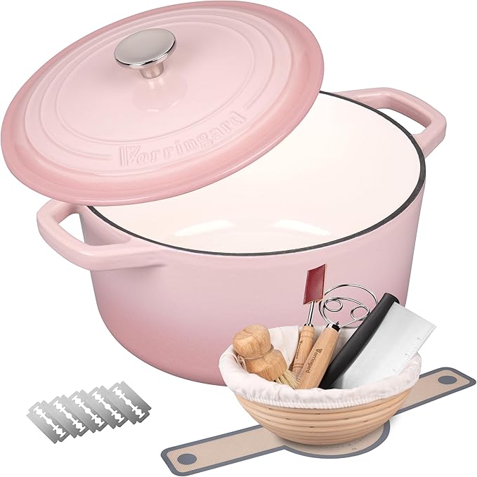 Enameled Cast Iron Dutch Oven Pot with Lid, for Bread Baking, Round Bread Oven- include Sourdough Bread Baking Supplies Set, 6QT, Pink