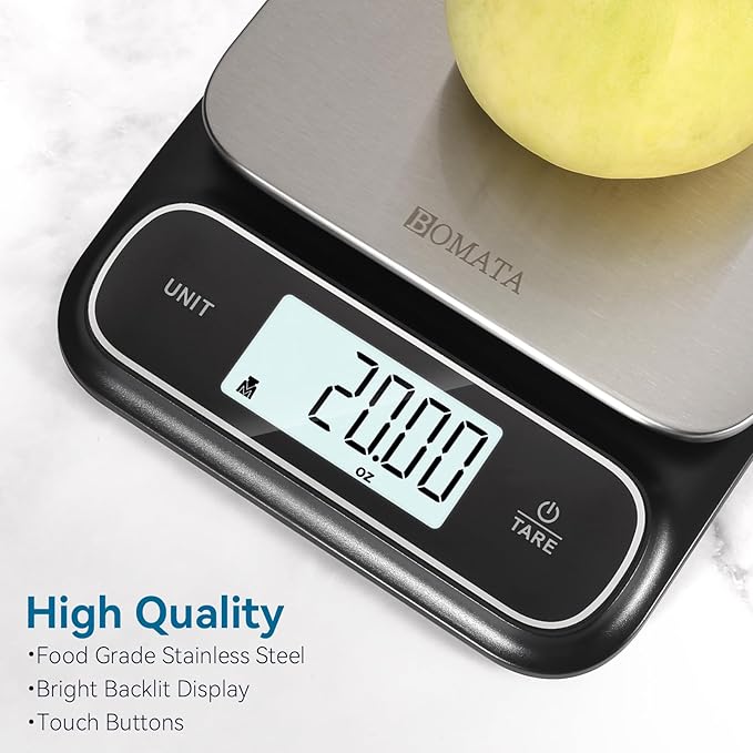 BOMATA Waterproof IPX6 Kitchen Scale, 0.1 g/0.01 oz High Precision, 5 kg/11 lbs, Digital Scale with Backlight, Stainless Steel Weighing Platform, for Food, Cooking, Baking, Weight Loss.. B619, Grey