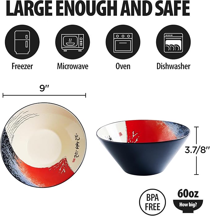 Japanese Ramen Bowl Set with Red Fuji Design - 60oz Large Ceramic Bowls, Spoons, Chopsticks for Ramen, Pho, Salad, Poke - Premium Gift for Ramen Lovers - Microwave & Dishwasher Safe