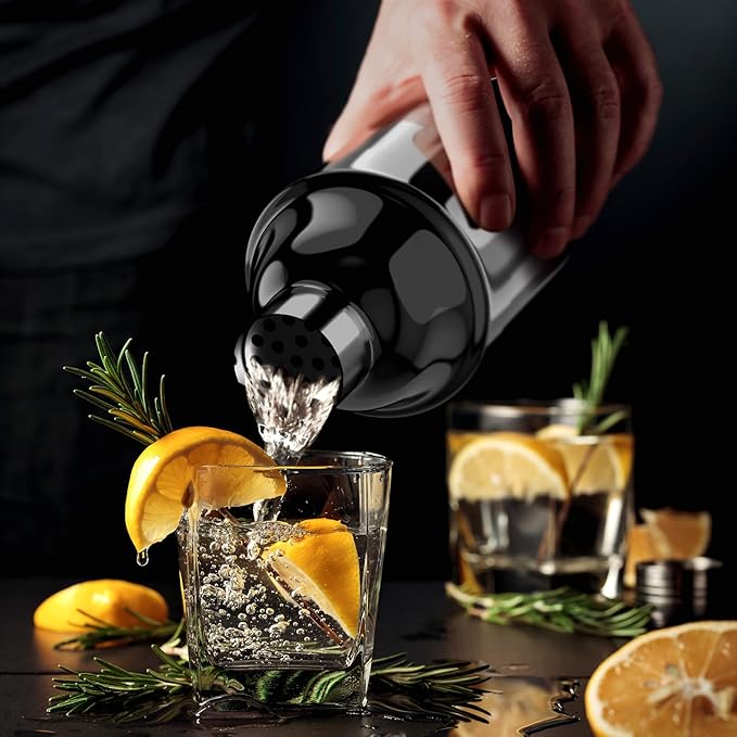 IOV Cocktail Shaker Bar Set, 24oz Martini Shaker with Built-in Strainer, Bar Tool Kit with Recipes Booklet, Professional Stainless Steel Large Bartender Drink Shaker Margarita Alcohol Mixer-Black