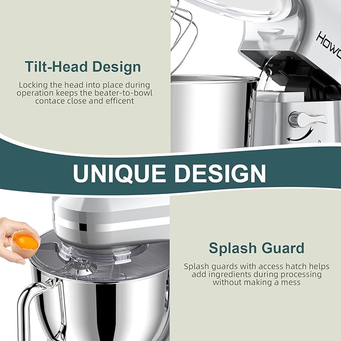 HOWORK Electric Stand Mixer,10+p Speeds With 6.5QT Stainless Steel Bowl,Dough Hook, Wire Whip & Beater,for Most Home Cooks,Silver