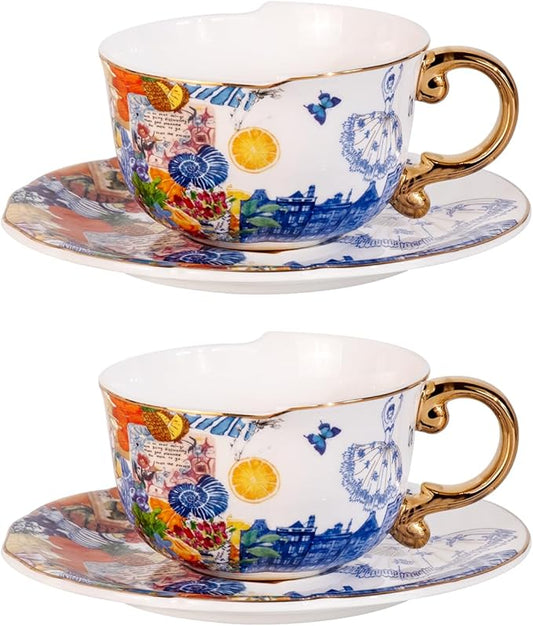 KAMMAK Tea Cups and Saucers Set of 2, Fine Bone China Coffee Cups, 8.5-Ounce Stackable Espresso Mugs, Ceramic Demitasse for Coffee, Cappuccino, Latte, Americano, Tea, Dream Ballet