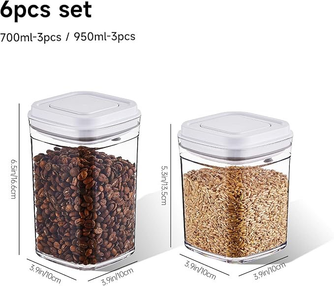 Pop Top Food Storage Container Set | 6Pcs Airtight Cereal Storage Organizer Canisters with Pop Lids, BPA-Free, Vacuum Seal & One-button Opening, Stackable Pantry Containers for Dry Food Storage
